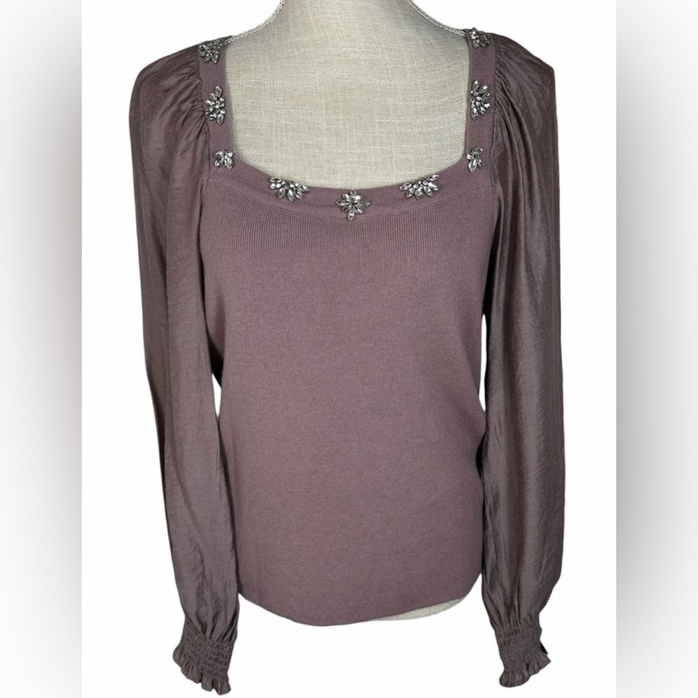 On Twelfth Rose Taupe Square Neck Sparkly Embellished Long Sleeve Sweater